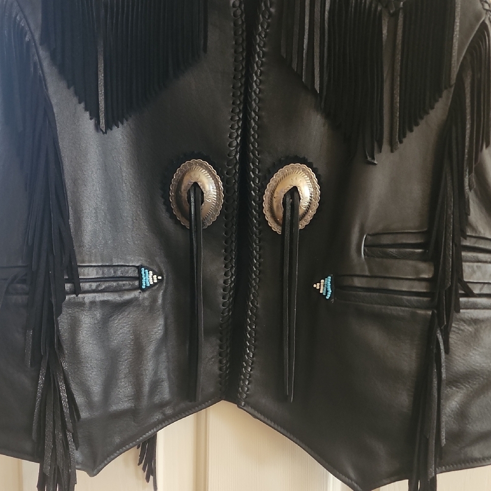 Black Leather Vest with Blue Embroidery - Picture 4 of 6